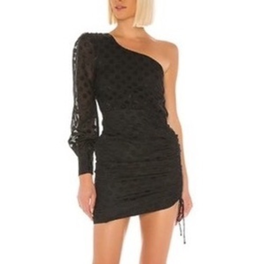 Lovers + Friends Windy Dress One Shoulder Mini Black Polka Dot Ruched Sheer XL